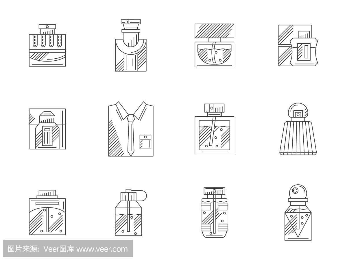 一套瓶子香水平面线矢量图标