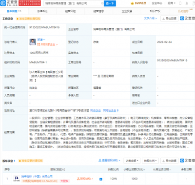 瑞幸成立商务管理公司,经营范围含化妆品零售